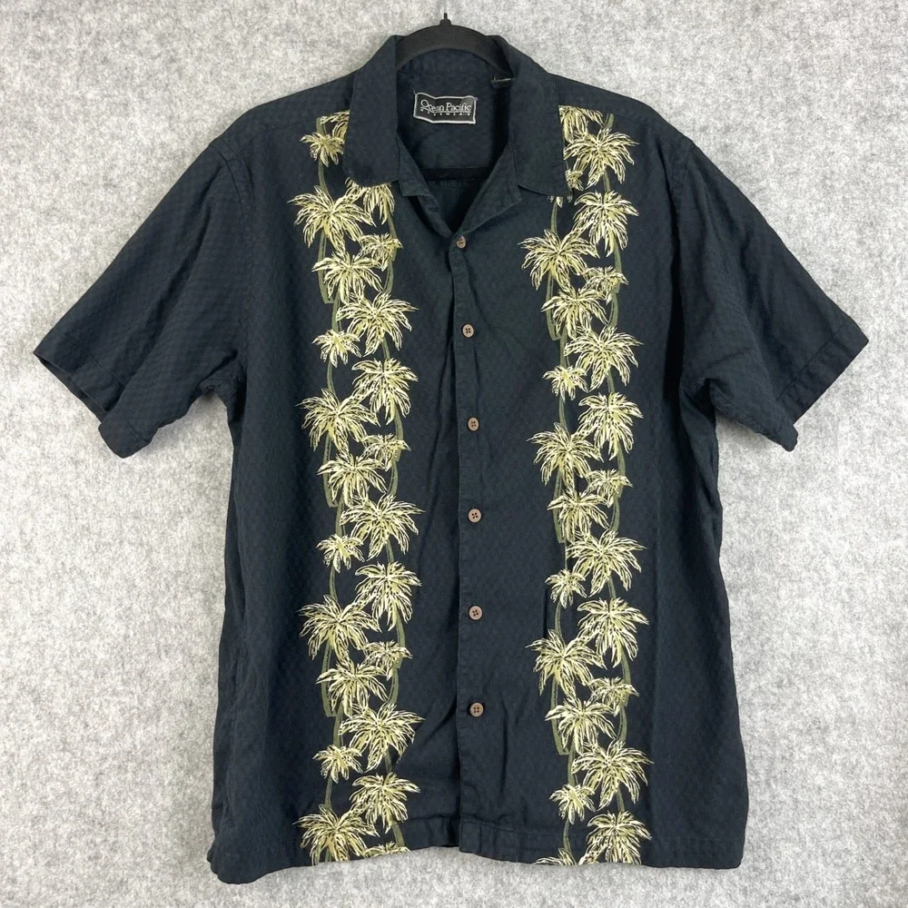 OP Ocean Pacific Hawaiian Shirt Mens Large Black Tropical Print Button Up Aloha - Picture 2 of 12